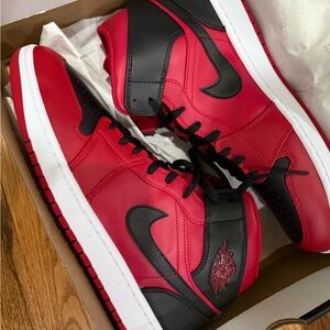 Air Jordan 1 Mid Nike Men's Red and Black Sneakers